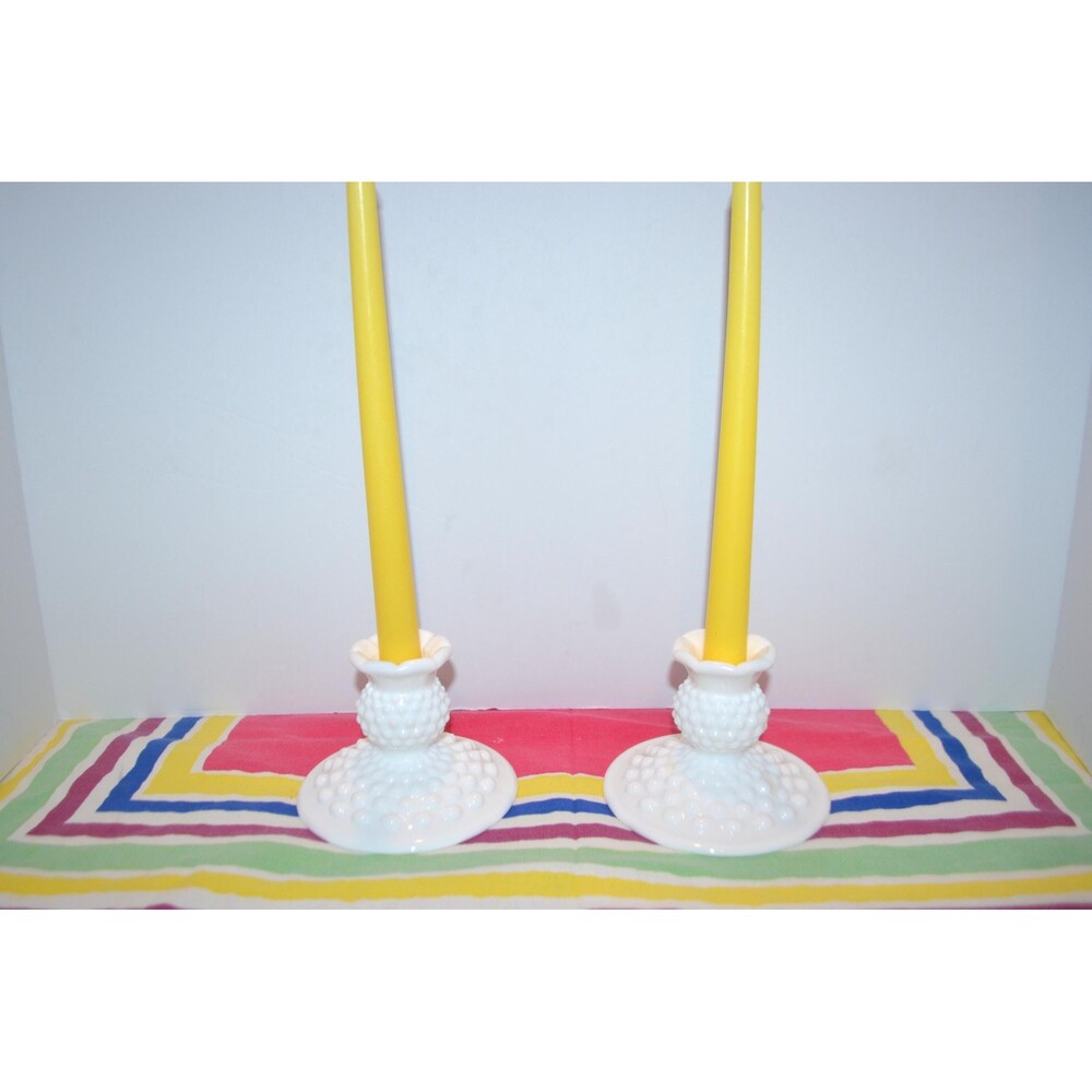 Vintage Candlestick Holders White Milk Glass Hobnail